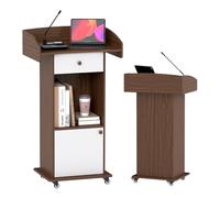 Suuiwau Podium Stand with Drawer, Storage Cabinet and Wheels | Portable Lectern, Mobile Wooden Pulpit Podium, Hostess Stand, Reception Desk for Office, School, Conference, Walnut & White
