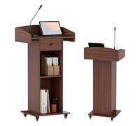 Suuiwau Podium Stand with Wheels & Concealed Cable Hole for Mics | Rolling Podium with Drawer and Adjustable Shelf, Wooden Lectern Stand for Classroom & Conference, Church Pulpit, Brown
