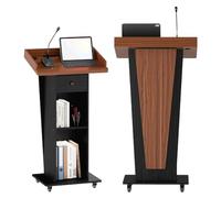 Suuiwau Tilted Podium Stand with Wheels, Drawer & Cable Hole for Mics | Wooden Lectern Stand, Portable Podium for Classroom & Conference, Church Pulpit, Host Stand for Lecture, Black & Brown
