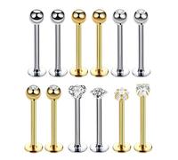 Suupii 12 Pcs Tragus Piercing Jewellery, Cartilage Piercing Jewellery, Helix Earrings Internal Thread Tragus Helix Labret Lip Piercing Flat Back Earring for Women Girls