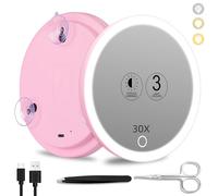 Suupvaor 30x Magnifying Mirror With Light, 3 Colors Dimming Lighted With 3 Suction Cups, Travel Light Up High Magnification Makeup Mirror With Tweezers Scissors