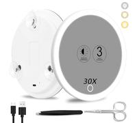Suupvaor 30x Magnifying Mirror With Light, 3 Colors Dimming Lighted With 3 Suction Cups, Travel Light Up High Magnification Makeup Mirror With Tweezers Scissors