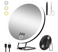 Suupvaor Magnifying Mirror with Light 20X, Travel Makeup Mirror with Magnification, 3 Colors Dimmable Light For Make up, Large 15cm, Rechargeable, With Tweezers & Scissors
