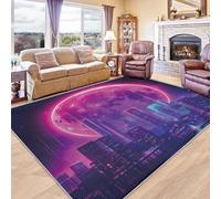 SUWALI City Skyline Rug, Cyberpunk Rugs for Living Room Bedroom, Neon Pink Moon Carpet, Sci-Fi Urban Home Decor, Washable Non Slip Low Pile Small Area Rugs, 50 x 80 cm