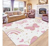 SUWALI Kids Pink Butterfly Rug, Hearts Rugs for Living Room Bedroom, Rainbows Carpet, Pastel Home Decor, Washable Non Slip Low Pile Large Area Rugs, 160 x 230 cm