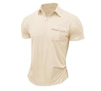 Suwangi Men's 4 Button Placket Stretch Polo Shirts Casual Sport Polo Shirt Summer Short Sleeve Soft Lightweight with Flap Button Double Pleat Breast Pocket Beige