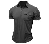 Suwangi Men's 4 Button Placket Stretch Polo Shirts Casual Sport Polo Shirt Summer Short Sleeve Soft Lightweight with Flap Button Double Pleat Breast Pocket Dark Grey