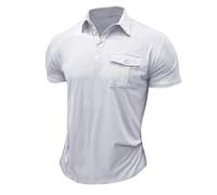 Suwangi Men's 4 Button Placket Stretch Polo Shirts Casual Sport Polo Shirt Summer Short Sleeve Soft Lightweight with Flap Button Double Pleat Breast Pocket White