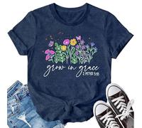 SUWATOIN Christian Wildflowers Shirts for Womens Grow in Grace Shirt Christian T-Shirt Bible Verse Faith-Based Tee Tops Blue