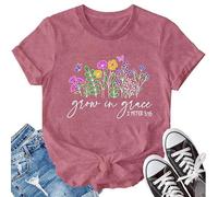SUWATOIN Christian Wildflowers Shirts for Womens Grow in Grace Shirt Christian T-Shirt Bible Verse Faith-Based Tee Tops Pink