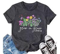 SUWATOIN Christian Wildflowers Shirts for Womens Grow in Grace Shirt Christian T-Shirt Bible Verse Faith-Based Tee Tops Grey