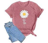 SUWATOIN Daisy T Shirts for Women Flower Graphic Shirt Faith Inspirational Tshirt Basic Tees Tops B-Pink