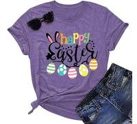 SUWATOIN Easter T Shirt Women Happy Bunny Easter Shirts Easter Egg Graphic T-Shirt Easter Gifts for Her Tshirt Top Purple