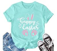 SUWATOIN Easter T Shirt Women Happy Easter Bunny T-Shirt Rabbit Footprints Graphic Tee Tops Blue