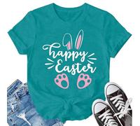 SUWATOIN Easter T Shirt Women Happy Easter Bunny T-Shirt Rabbit Footprints Graphic Tee Tops Cyan