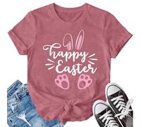 SUWATOIN Easter T Shirt Women Happy Easter Bunny T-Shirt Rabbit Footprints Graphic Tee Tops Pink