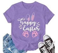 SUWATOIN Easter T Shirt Women Happy Easter Bunny T-Shirt Rabbit Footprints Graphic Tee Tops Purple