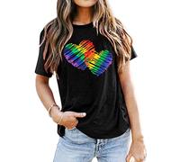 SUWATOIN Gay Pride Rainbow Heart Shirt LGBT Pride Month T-Shirt Lesbian Round Neck Short Sleeve