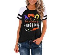 SUWATOIN Hocus Pocus Shirts Womens Halloween Shirt Sanderson Witch Broom Graphic Tshirt Raglan Color Block Tops Black