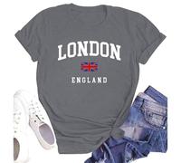 SUWATOIN London England Shirt for Women Union Jack Flag Souvenir Printed T-Shirt Tops Grey