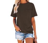 SUWATOIN T Shirts for Women Short Sleeve Crew Neck Basic Summer Tee Tops with Pocket Casual Loose Fitting Blouse Brown