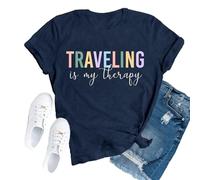 SUWATOIN Travel Shirts for Women Travelers Trip Shirts Traveling is My Therapy Tee Tops Blue