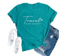 SUWATOIN Travel Shirts for Women Travelers Trip Shirts Traveling is My Therapy Tee Tops Cyan