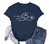 SUWATOIN Womens Christian Shirt by Grace Through Faith T-Shirts Bible Verse Tee Tops Blue