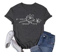 SUWATOIN Womens Christian Shirt by Grace Through Faith T-Shirts Bible Verse Tee Tops Grey