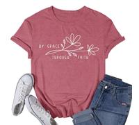 SUWATOIN Womens Christian Shirt by Grace Through Faith T-Shirts Bible Verse Tee Tops Pink