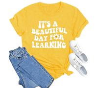 SUWATOIN Womens Teacher Life Shirts Teacher Gift Short Sleeve Shirts It s a Beautiful Day for Learning T-Shirt Yellow