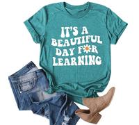 SUWATOIN Womens Teacher Life Shirts Teacher Gift Short Sleeve Shirts It s a Beautiful Day for Learning T-Shirt Cyan