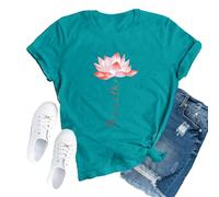 SUWATOIN Womens Yoga Shirts Elegant Pilates Breathe T-Shirt Meditation Lotus Flower Tee Tops Cyan