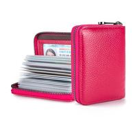 Suweibuke Genuine Leather Credit Card Holder Zipper Wallet RFID Blocking Secure Card Case ID Case Organizer, Rose Red, Classical