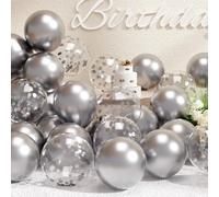 SUWEN Silver Balloons and Confetti Balloons Set 47PCS Shiny Latex Helium Silver Metallic Balloon for Birthday Graduation Anniversary Party Decorations