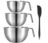 Suwimut 3 Pieces 304 Stainless Steel Mixing Bowls, 1.3/2.1/2.6 Quart Mixing Bowl Set with Handle, Pour Spouts & Measurement Marks, Metal Nesting Bowls with Silicone Spatula for Baking Cooking