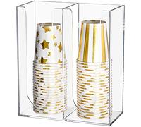 Suwimut Acrylic Coffee Cup and Lid Storage Organizer, 2 Compartments Disposable Paper Cup Dispenser, Clear Plastic Holder for Kitchen Countertop and Coffee Bar