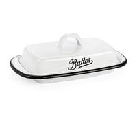 Suwimut Enamelware Butter Dish with Lid, 19.5×11 cm Farmhouse White Butter Dish, Vintage Style Black Rim Enamel Butter Container with Cover, Metal Butter Keeper Storage for countertop
