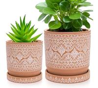 Suwimut Set of 2 Terracotta Plant Pots 4 Inch 6 Inch, Small Medium Clay Planter Pot, Ceramic Cactus Flower Succulent Pot with Drainage Hole and Saucer for Indoor Outdoor Plants