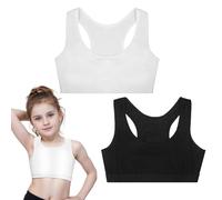 SUWIWKKOA Children's Sports Bra - Seamless, Cutton Unpadded Crop Top Training Bra for Girls (Ages 9-14), Black & White