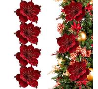 Suxdlan 4Pcs Christmas Flowers Artificial Glitter Elegant Velvet Magnolia Artificial Flowers Christmas Tree Decorations Set for Home Wedding Party, Red
