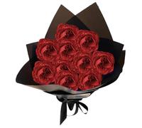 Suxdlan Glitter Roses Bouquet 1 Set Realistic Artificial Rose Bouquet Set with 10 Roses, 10 Stem, 2 Wrapping Paper & 2 Ribbon for Wedding, Valentine, Red