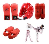 Suxdlan Red Karate Sparring Gear Set Polyester Protective Kit with Helmet Gloves Leg Guards for Taekwondo Biking M