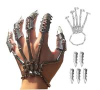 Suxdlan Skeleton Hand Bracelet with 5Pcs Full Finger Rings Punk Gothic Jewelry with Movable Joint Plated Alloy Halloween Jewelry for Cosplay, Party, Costume, Silver