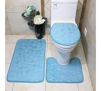 SUXUMHAO 2 Sets Three-Piece U-Shaped Toilet with Coral Velvet and Cobblestone emboweled Floor, Toilet Three-Piece Set Toilet Pads Clean and Reuse Water Absorbent Bathroom Mat for Shower (Baby Blue) A