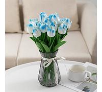 SUXUMHAO 20 Count White Flower Artificial Tulip Silk Fake Flowers 13.5 Inch Mother's Day Easter Valentine's Day Gift Bulk Home Kitchen Wedding Decoration (Light Blue)
