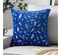 SUXUMHAO Faux Fur Throw Pillows Cover with Gold Leaves Super Soft Plush Square (Sapphire Blue, 18"x18")
