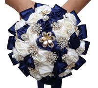SUXUMHAO Handmade Luxury Wedding Bridal Bouquet Large Silk Rose Holding Toss Artificial Flowers Bouquets Bride Vintage Royal Wedding Bouquet (Dark Blue+White)