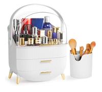 Suyoo Makeup Organiser and Storage + Makeup Brush Holder Clear Cover Cosmetic Display Case with Lid Storage Box Brush Storage Box, Organisers for Bathroom Countertop (Pure White)