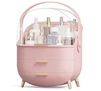 Suyoo Makeup Organiser Storage Box, Cosmetics Display Case with Transparent Cover, Dust Proof Waterproof Cosmetics Storage Box Suitable for Bathroom Countertop and Bedroom Vanity Dresser (Pink)